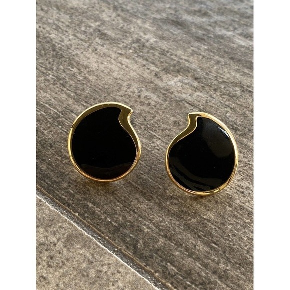 BERGERE Earrings Vintage Black Enamel Gold Tone Signed - Picture 1 of 11